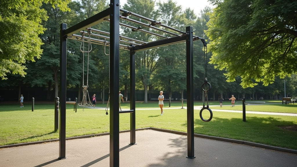 A home calisthenics training setup with a pull-up bar, gymnastic rings, and parallel bars in an outdoor park.
