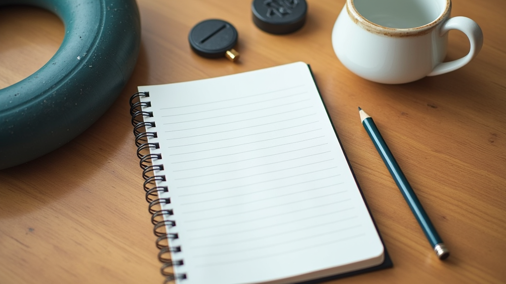 A minimalist exercise diary on a wooden table next to simple workout equipment and a pencil, natural light, no humans.