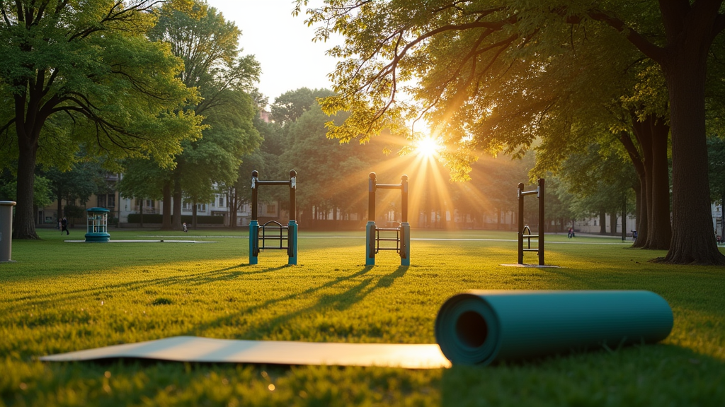 A serene sunrise over a quiet city park featuring open green space, trees, and a few simple fitness obstacles with a yoga mat rolled out nearby.