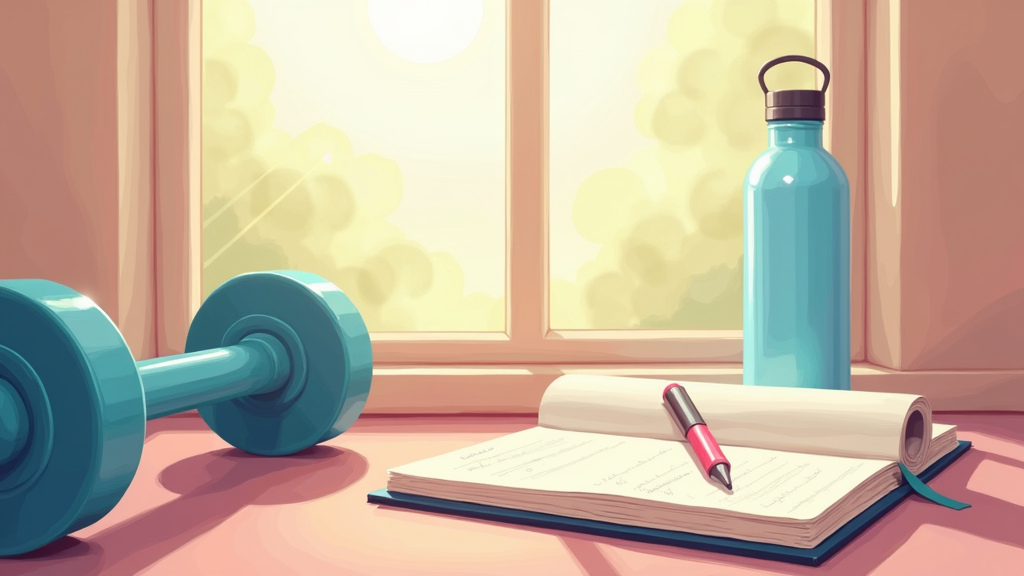 An abstract illustration of a workout journal and a water bottle resting beside gym equipment in a sunlit room.