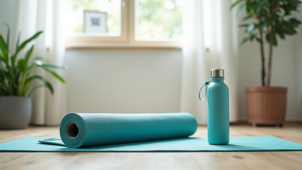 Simple home workout setup with exercise mat, water bottle, and plant. Equipmentfree bodyweight training scene.