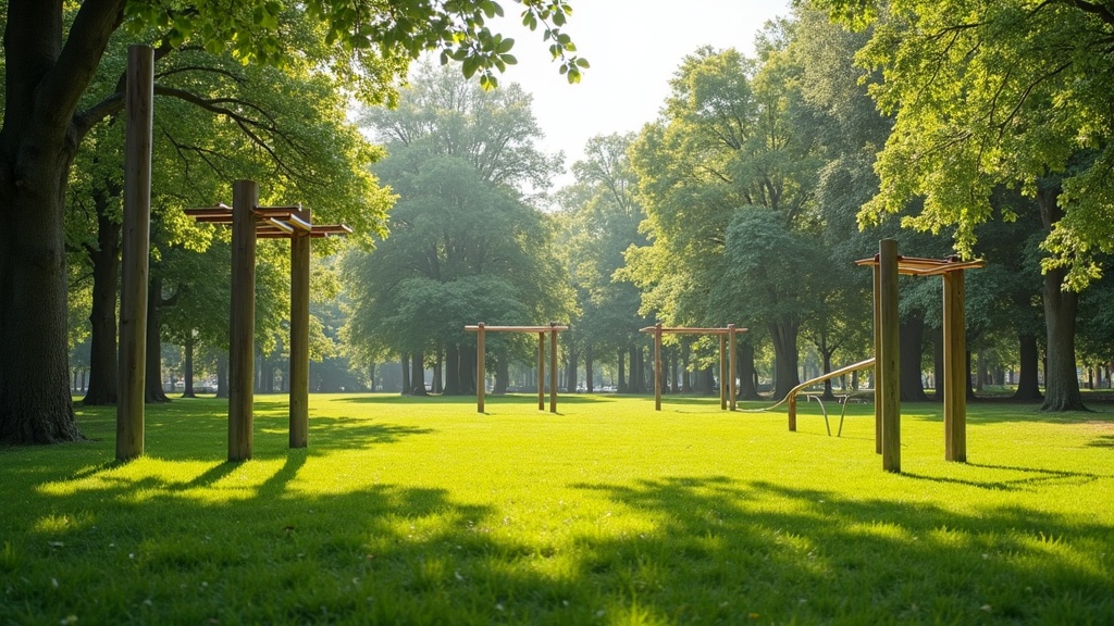 A set of basic outdoor calisthenics equipment on a bright day, including parallel bars and a pull-up bar, surrounded by green grass and trees.