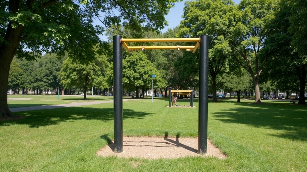A simple outdoor pull-up bar setup in a leafy park with no people, a clear sky, and green grass