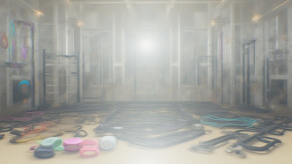 An assortment of calisthenics equipment including resistance bands, pull-up bars, and foam rollers arranged on a clean, bright gym floor.