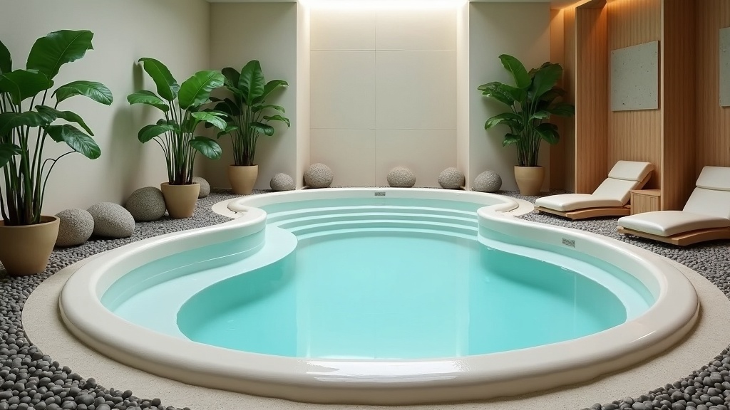 An image showing a cold tub and a hot tub side by side in a wellness spa, with natural stones and plants nearby, giving a peaceful and rejuvenating atmosphere.