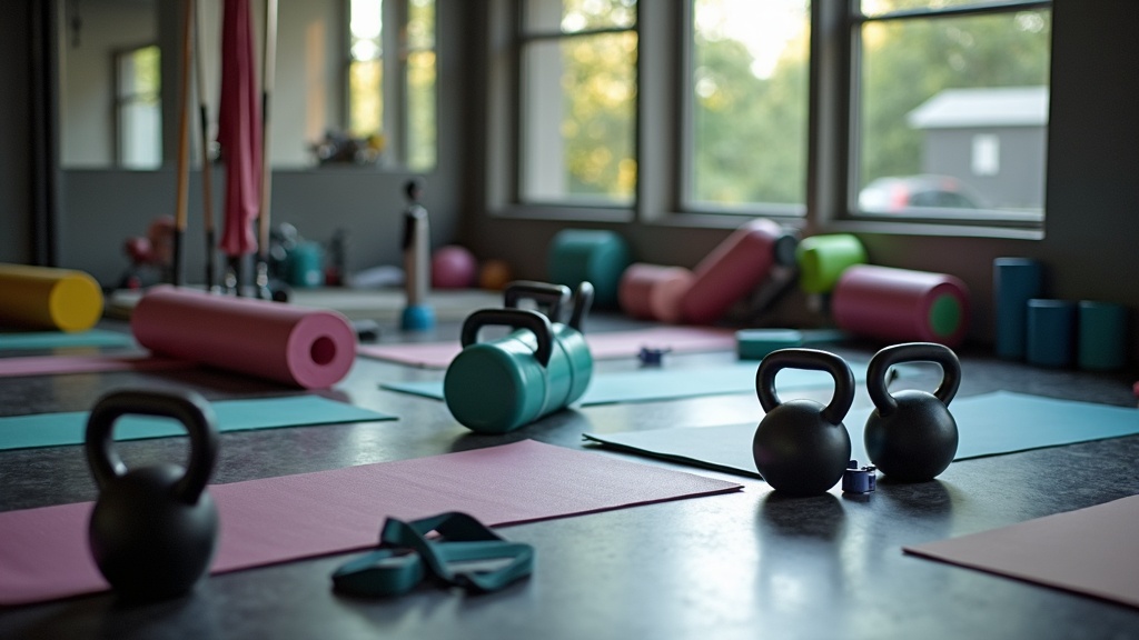 Dynamic mobility exercises using resistance bands, kettlebells, and foam rollers arranged on a gym mat, with natural daylight and no human figures