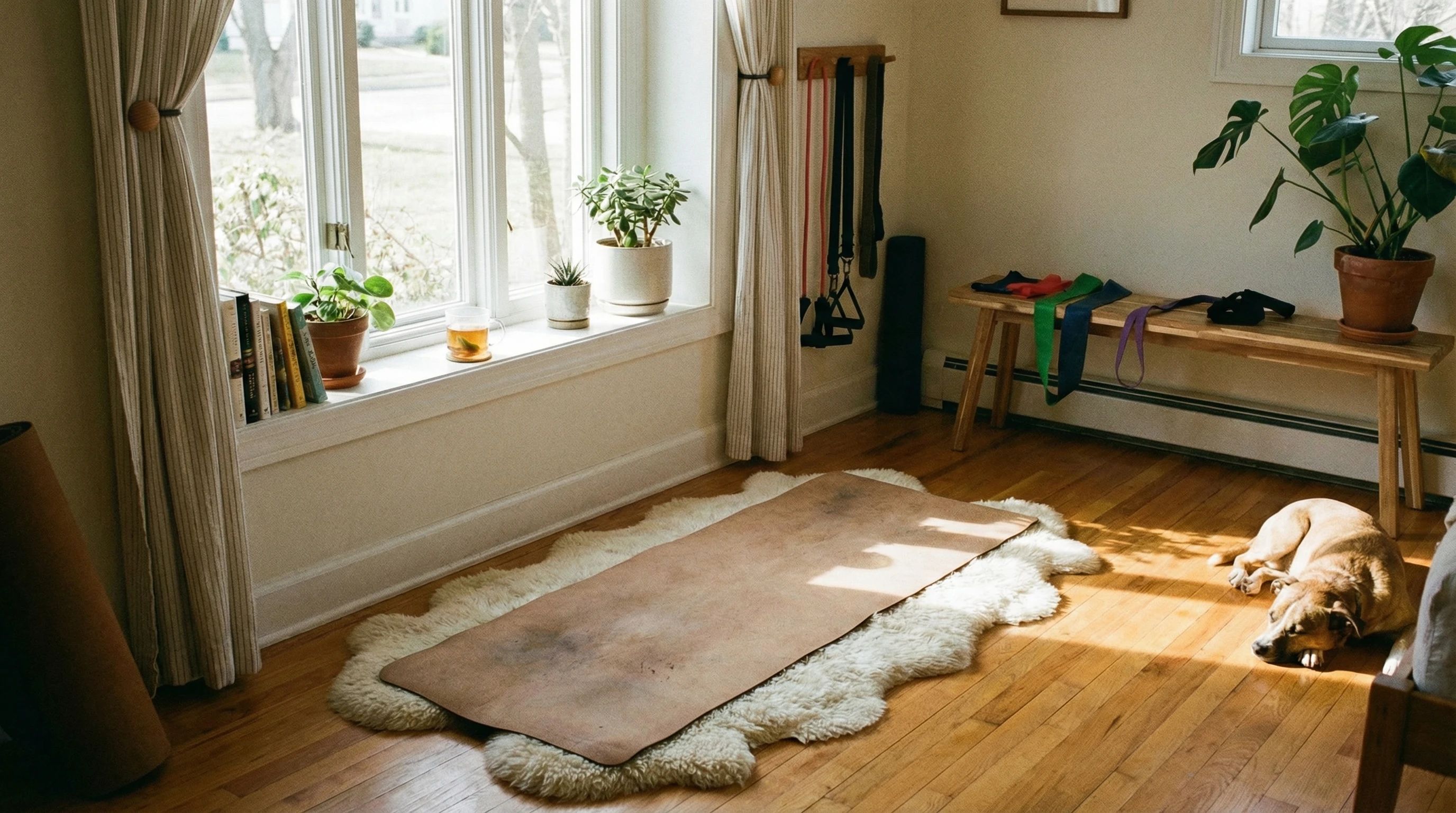 A cozy home workout space with a yoga mat, resistance bands, and natural sunlight through a window