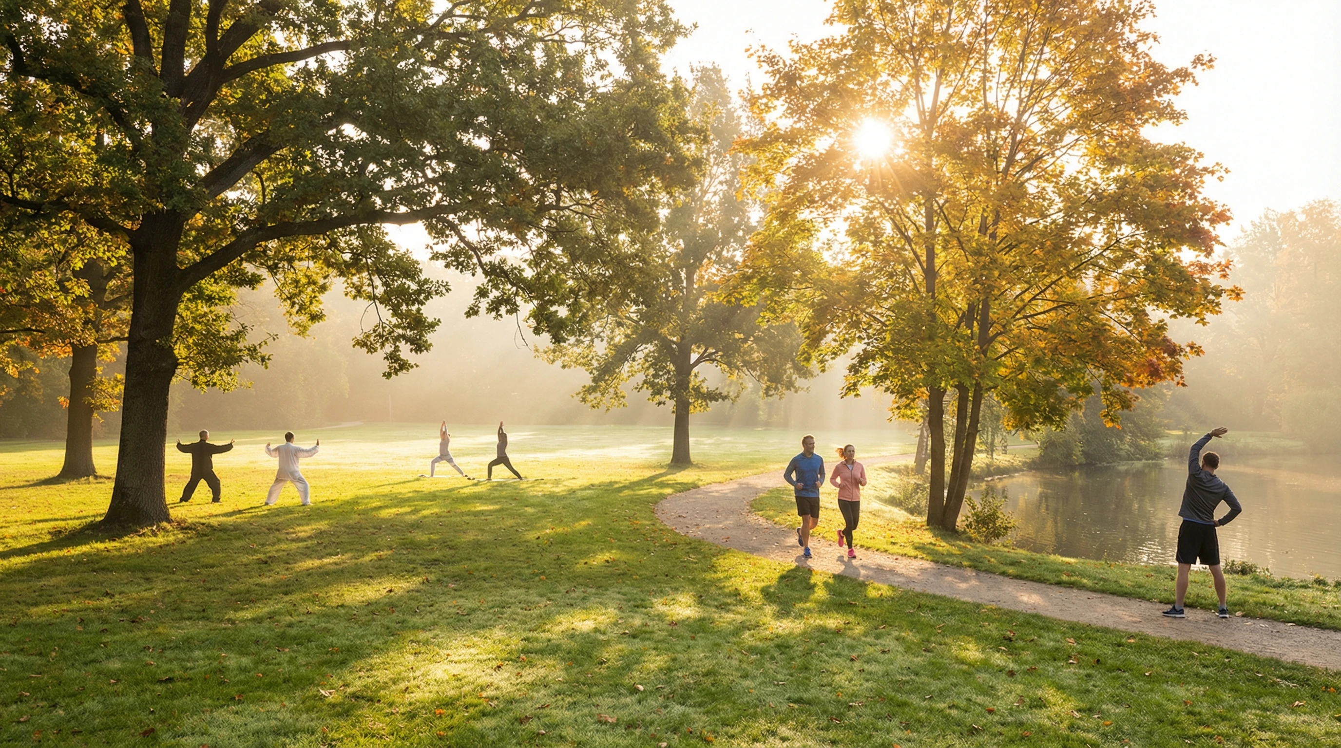 A tranquil park setting with morning sunlight, surrounded by trees and open space, perfect for light exercise.