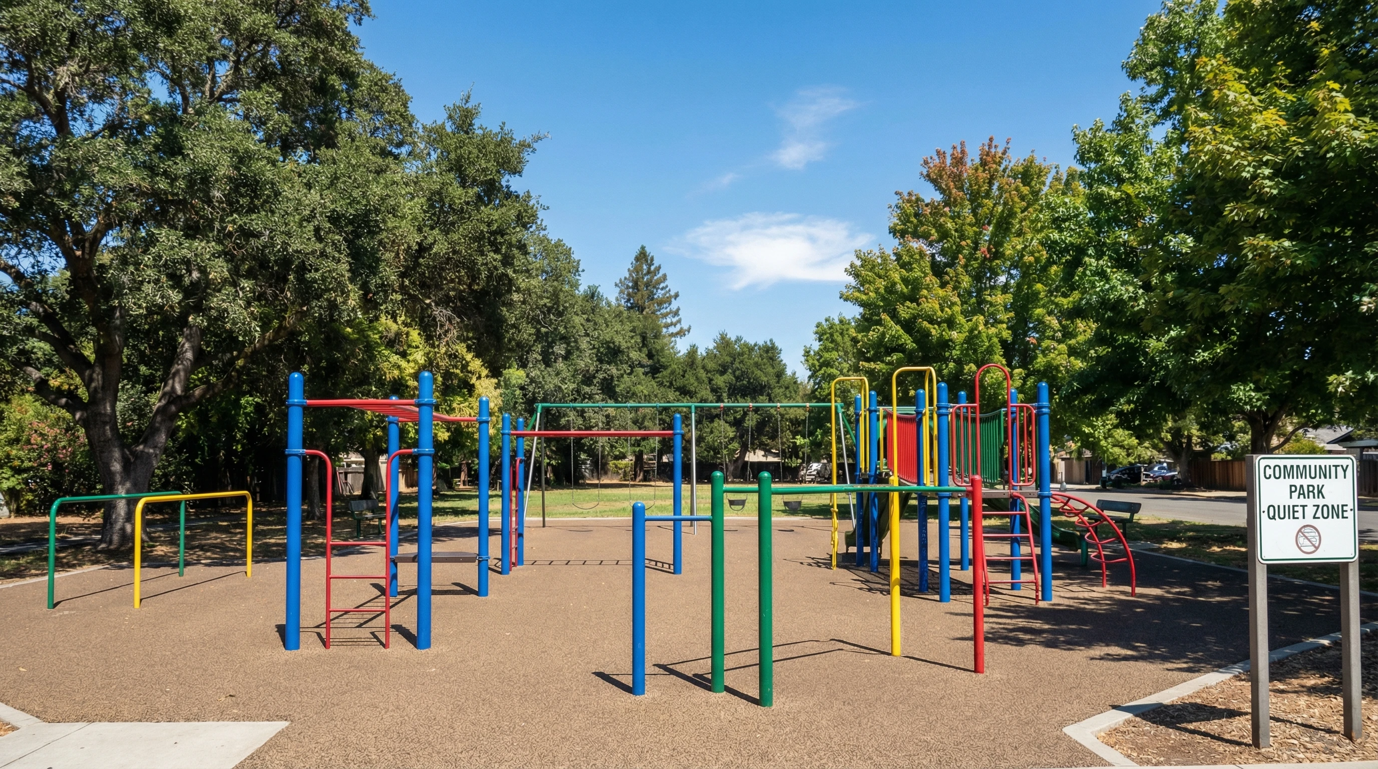 A vibrant playground setting with outdoor exercise bars and green trees, no people, blue sky background