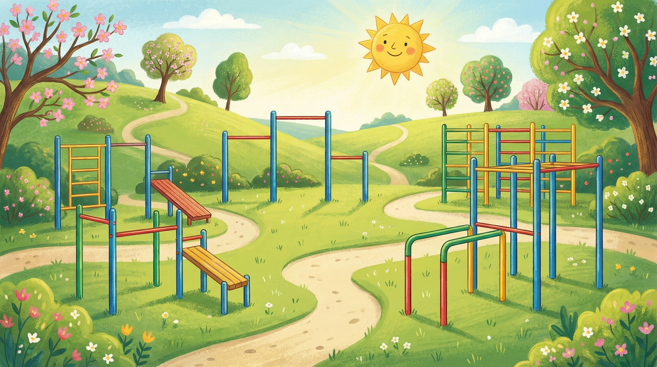 Colorful illustration of calisthenics workout stations in a sunny park with trees and open space