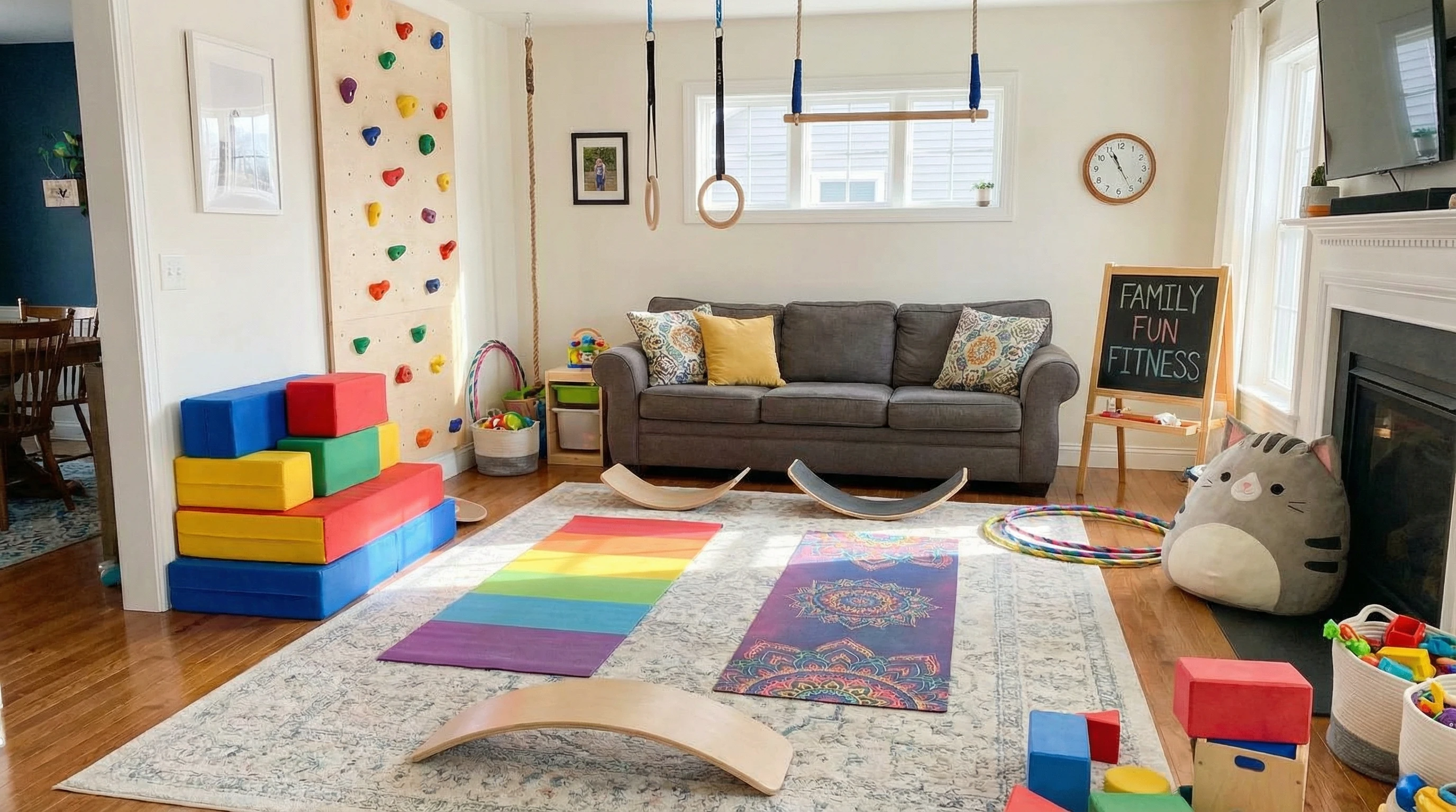 Colorful yoga mats and workout space with playful elements such as balance boards and soft blocks suitable for a family fitness routine.