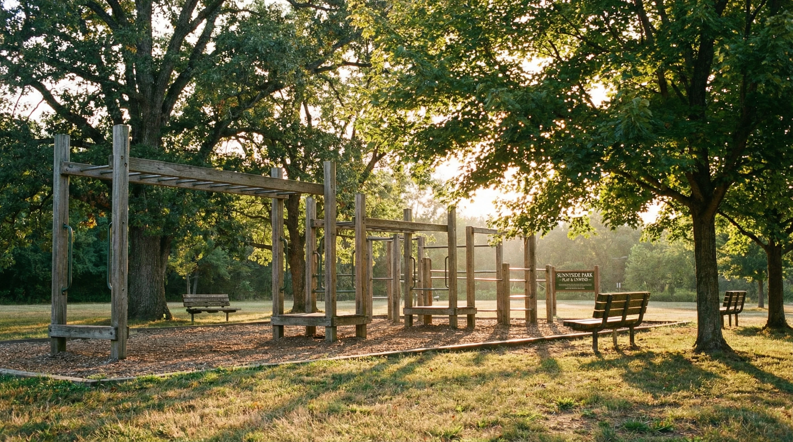 Family-friendly outdoor exercise area with trees, monkey bars, benches, and sunshine