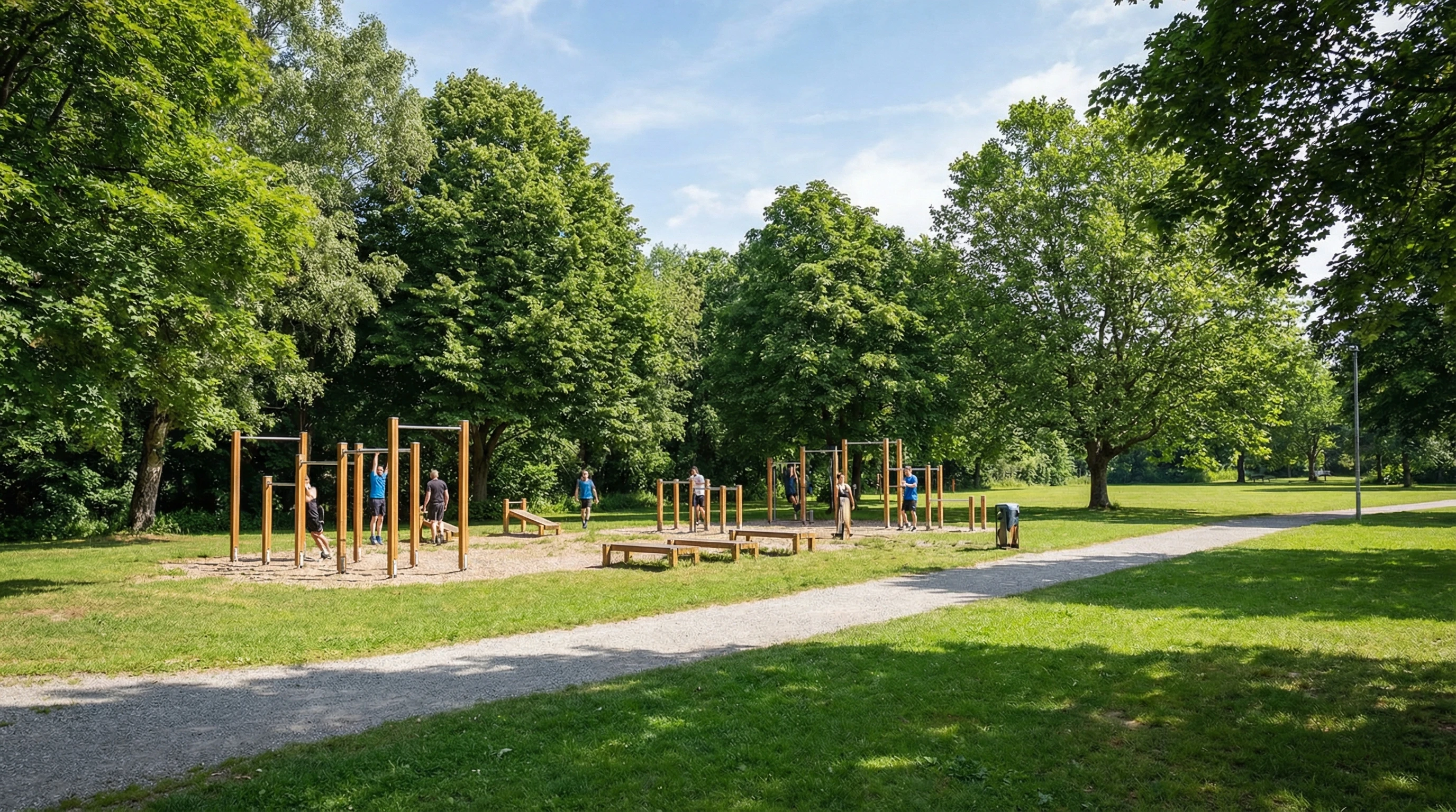 Outdoor park with pull-up bars and workout equipment surrounded by green trees and open space